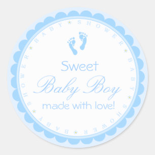 Sticker Rond Baby shower Sweet Baby Boy Blue Footprints