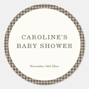 Sticker Rond Baby Shower Taupe Marron Gingham Carreaux Rétro