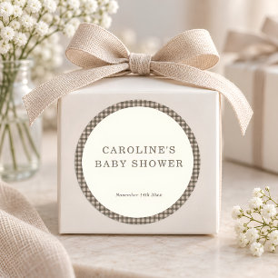 Sticker Rond Baby Shower Taupe Marron Gingham Carreaux Rétro