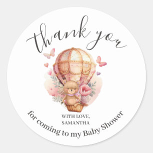 Sticker Rond Baby shower Teddy Bear PINK Hot Air Balloon