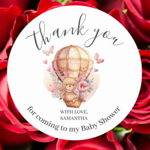 Sticker Rond Baby shower Teddy Bear PINK Hot Air Balloon