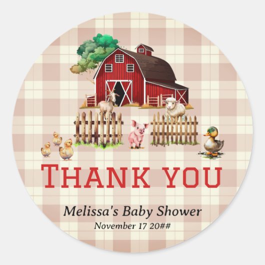 Sticker Rond Baby shower tendance Barnyard Farm Animaux Merci (Devant)