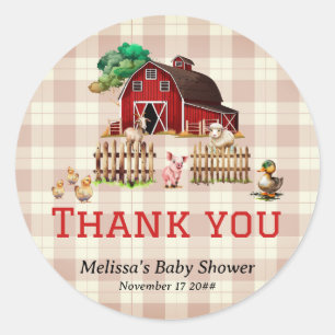 Sticker Rond Baby shower tendance Barnyard Farm Animaux Merci