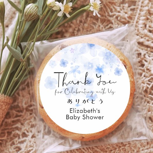 Sticker Rond Baby Shower Thank You Blue Floral Cute Script