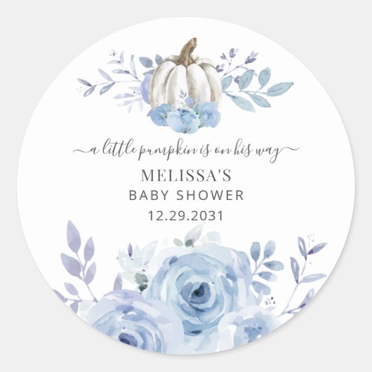 Sticker Rond Baby shower thème floral citrouille bleu poussiére (Devant)