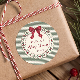 Sticker Rond Baby-Shower Thème Noël Hiver Rayure Verte