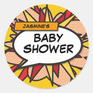 Sticker Rond Baby-Shower Typographie de Bande Dessinée Moderne 