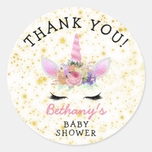 Sticker Rond Baby shower Unicorne or rose en faveur