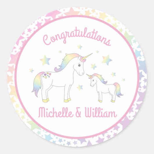 Sticker Rond Baby shower Unicorne Rainbow Pastel (Devant)