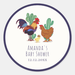 Sticker Rond Baby Shower Vacher de Campagne Cactus Coq Poule