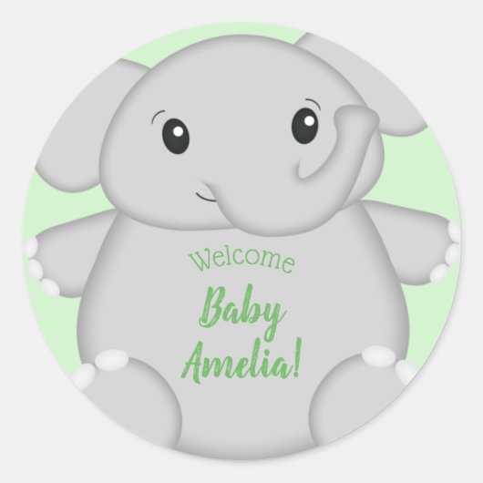 Sticker Rond Baby shower vert éléphant (Devant)
