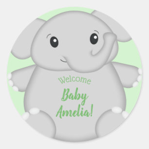 Sticker Rond Baby shower vert éléphant