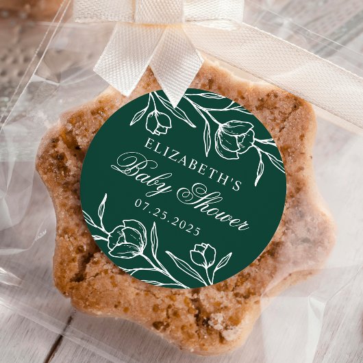 Sticker Rond Baby shower vert floral esquissé