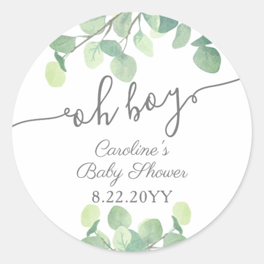 Sticker Rond Baby shower vert moderne Eucalyptus Oh Boy (Devant)