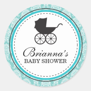 Sticker Rond Baby shower vintage Damask Baby Carriage