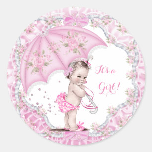 Sticker Rond Baby Shower Vintage Fille Fleurs Parapluie Rose