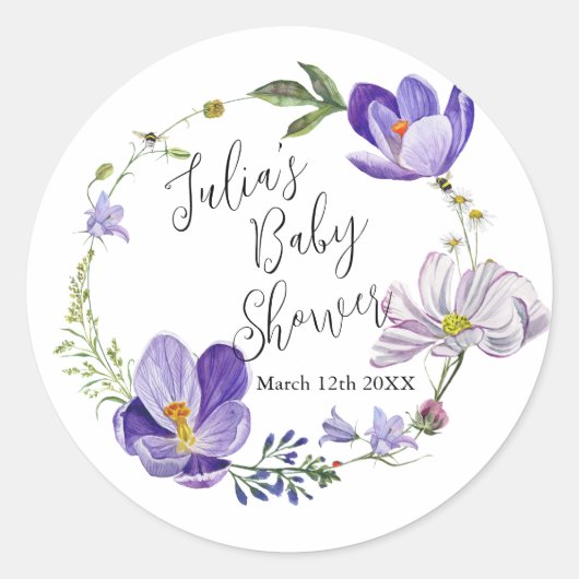 Sticker Rond Baby shower violet fleur sauvage (Devant)