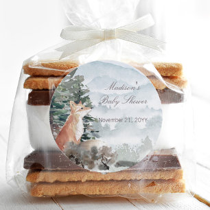 Sticker Rond Baby shower Watercolor Woodland Forest Fox