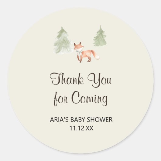 Sticker Rond Baby shower Woodland Fox Favoriser (Devant)