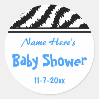 Sticker Rond Baby shower Zebra Pattern. Bleu, noir et blanc.