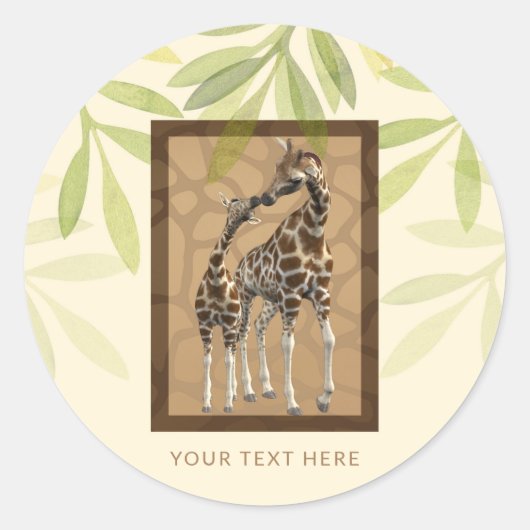Sticker Rond Baby Shower Zoo Girafes Brunes Dorées S'Embrassant (Devant)