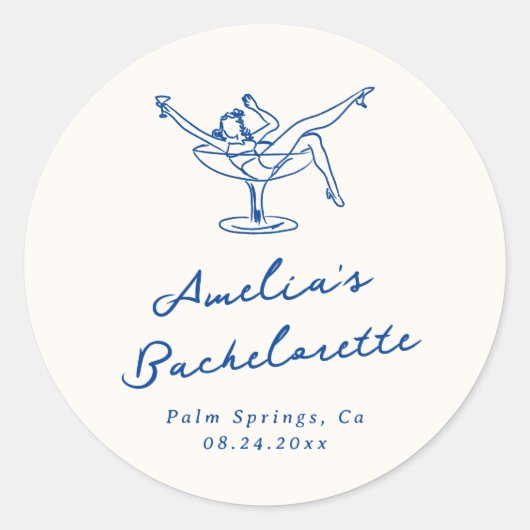Sticker Rond Bachelorette Bleue Tiré À La Main (Devant)