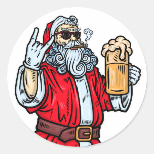 Sticker Rond Bad Père Noël, Rock, Bière et Cigar
