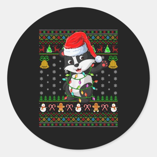 Sticker Rond Badger Christmas Lights Funny Santa Ugly Sweaters (Devant)