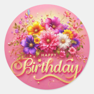 Sticker Rond Baguette d'anniversaire florale : rose