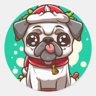 Sticker Rond Baguette de Noël de Carlin Chibi Kawaii Funny