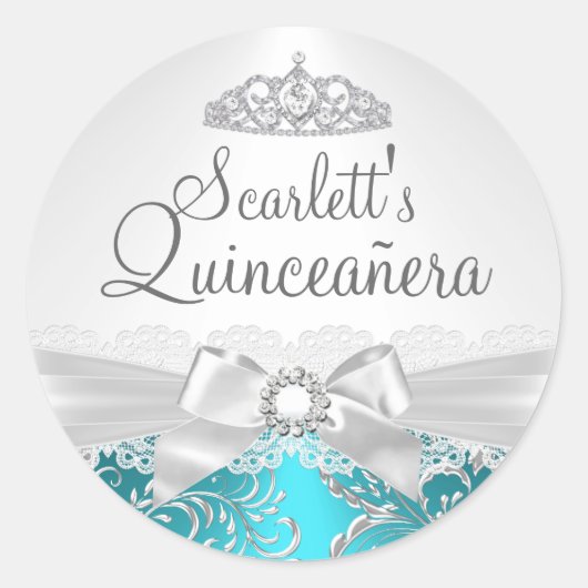 Sticker Rond Baguette de Quinceanera Turquoise Tiara & Bow (Devant)