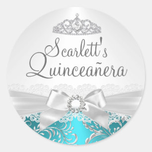 Sticker Rond Baguette de Quinceanera Turquoise Tiara & Bow