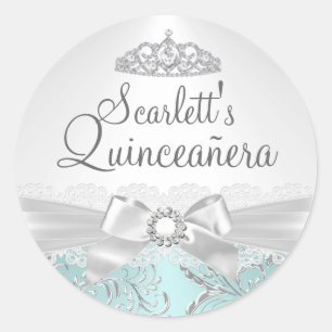 Sticker Rond Baguette de Quinceanera Turquoise Tiara & Bow