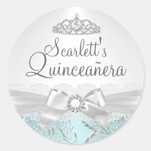 Sticker Rond Baguette de Quinceanera Turquoise Tiara & Bow (Devant)