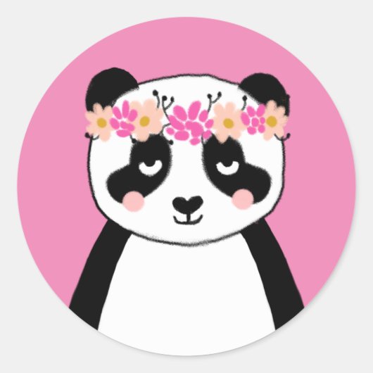 Sticker Rond Baguettes de panda mignonnes - fleurs roses (Devant)