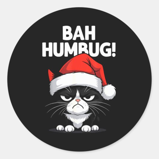 Sticker Rond Bah Humbug Funny Bad Cat Christmas Hater Cat Lover (Devant)