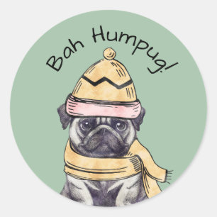 Sticker Rond Bah Humpug Mignon Noël Pug Illustré Hiver