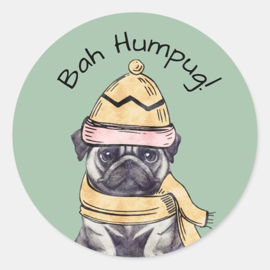 Sticker Rond Bah Humpug Mignon Noël Pug Illustré Hiver  (Devant)