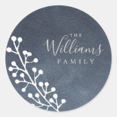 Sticker Rond Baies blanches modernes Sprig Bleu foncé Noël (Devant)