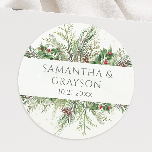 Sticker Rond Baies d'hiver rustiques Pine Cône Mariage de verdu