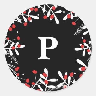 Sticker Rond Baies Rouges & Feuilles Blanches Rustique Noir Fêt