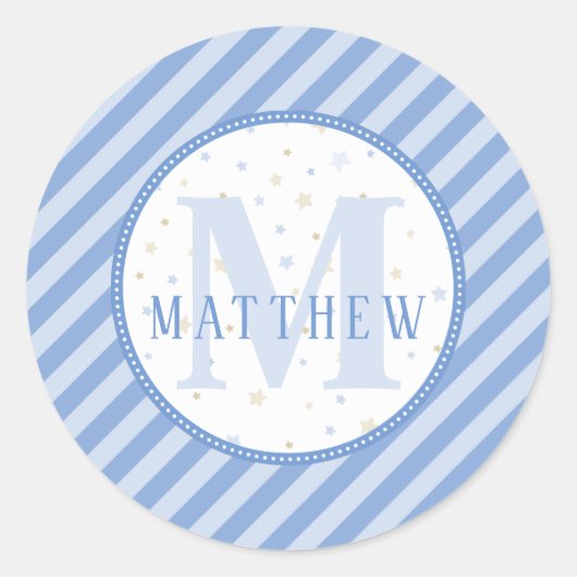 Sticker Rond Bain de bébé à monogramme bleu et blanc (Devant)