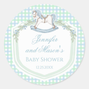 Sticker Rond Bain de bébé garçon au rocking-chair gingham bleu