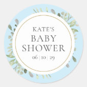 Sticker Rond Bain de bébé garçon bleu aquarelle feuillage vert (Devant)
