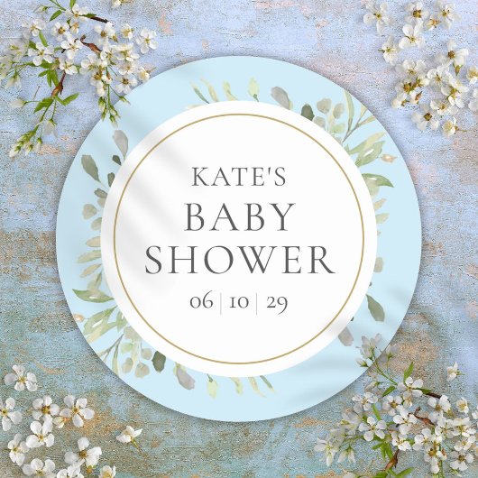Sticker Rond Bain de bébé garçon bleu aquarelle feuillage vert