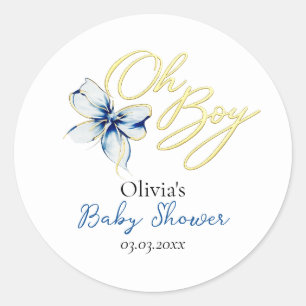 Sticker Rond Bain de bébé « Oh Boy » en typographie dorée Bleu