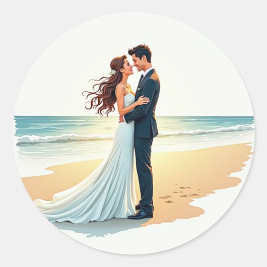 Sticker Rond Baiser Romantique sur la Plage (Devant)