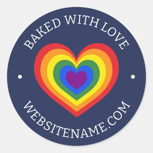 Sticker Rond Baked With Love Rainbow Heart Custom Website Navy (Devant)