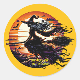 Sticker Rond Balade en sorcière Broom in sunset art illustratio