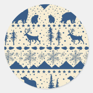 Sticker Rond Balayage nordique Animaux d'hiver Marine Bleu Clas